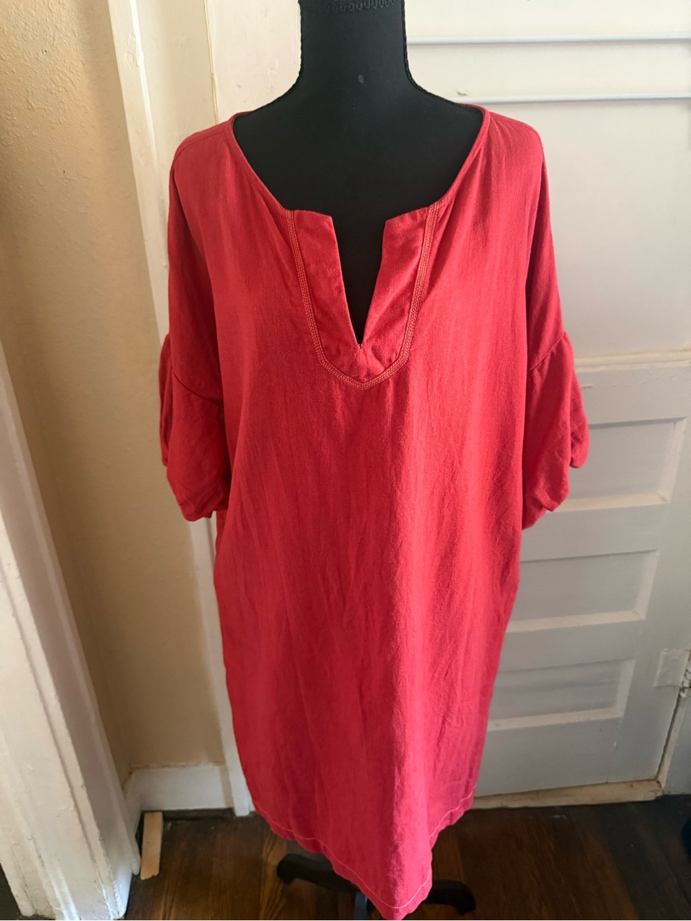 Boho Lagenlook Relaxed Red Split-Neck Tunic Dress Linen Blend Puff Sleeve XL